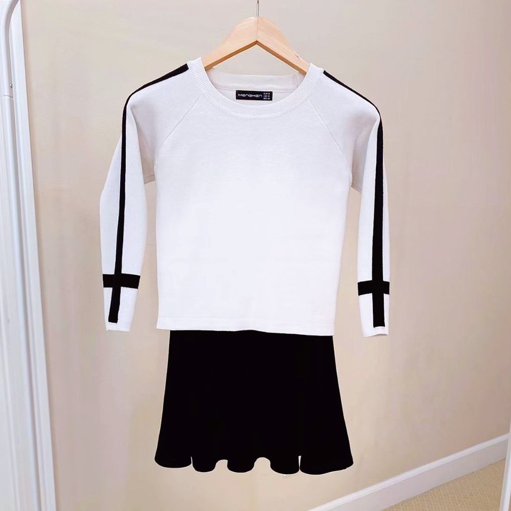 Stylish Long Sleeve White Sweater and Black Skirt